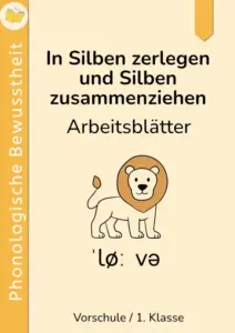 Cover des Materials „In Silben zerlegen und Silben zusammenziehen“ für Vorschule und 1. Klasse mit Löwe