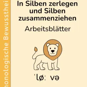 Cover des Materials „In Silben zerlegen und Silben zusammenziehen“ für Vorschule und 1. Klasse mit Löwe