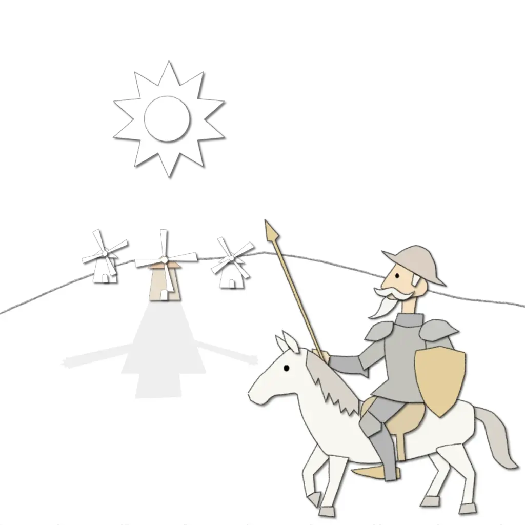 Ein Ritter auf einem Pferd; im Hintergrund stehen drei Windmühlen