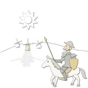 Ein Ritter auf einem Pferd; im Hintergrund stehen drei Windmühlen