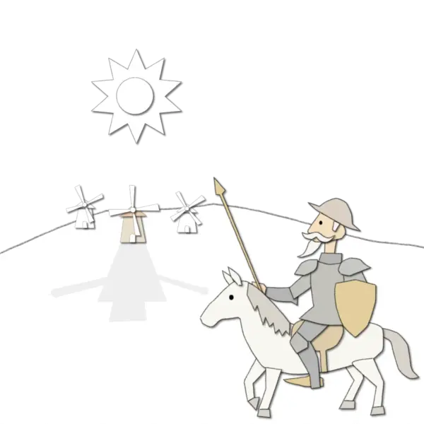 Ein Ritter auf einem Pferd; im Hintergrund stehen drei Windmühlen