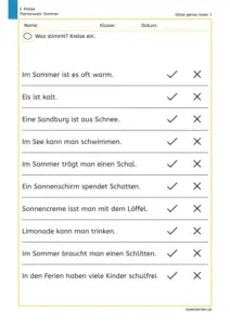 Arbeitsblatt für die 2. Klasse zum genauen Lesen: Die Kinder lesen zehn Sätze zum Thema Sommer und kreuzen an, ob die Aussagen stimmen oder nicht.