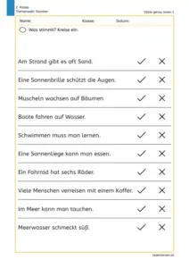 Arbeitsblatt für die 2. Klasse: Kinder lesen zehn Sommer-Sätze und kreisen an, ob die Aussage stimmt oder nicht.