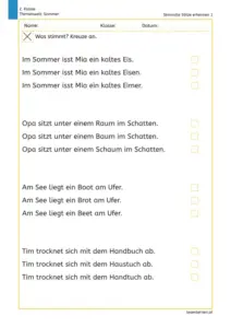 Arbeitsblatt für die 2. Klasse: Kinder lesen ähnliche Sommer-Sätze und kreuzen jeweils den sinnvollen Satz an.