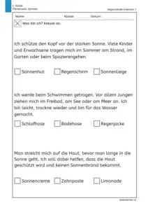 Arbeitsblatt für die 2. Klasse: Kinder lesen drei Beschreibungen zu Sommer-Gegenständen und kreuzen den passenden Begriff an.