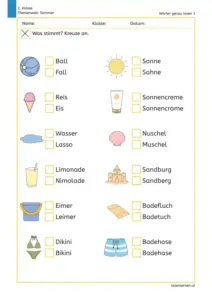 Arbeitsblatt für die 2. Klasse: Kinder sehen Sommer-Bilder und kreuzen aus zwei ähnlichen Wörtern das passende Wort an.