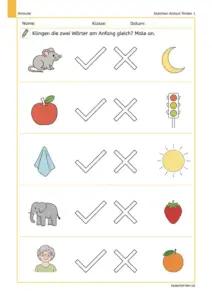 Arbeitsblatt „Gleichen Anlaut finden 1“ mit Bildpaaren zu Maus und Mond, Apfel und Ampel, Tuch und Sonne, Elefant und Erdbeere sowie Oma und Orange.
