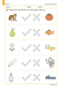 Arbeitsblatt „Gleichen Anlaut finden 3“ mit Bildpaaren zu Tiger und Tomate, Birne und Fisch, Blume und Bett, Feder und Fee sowie Flasche und Zug.