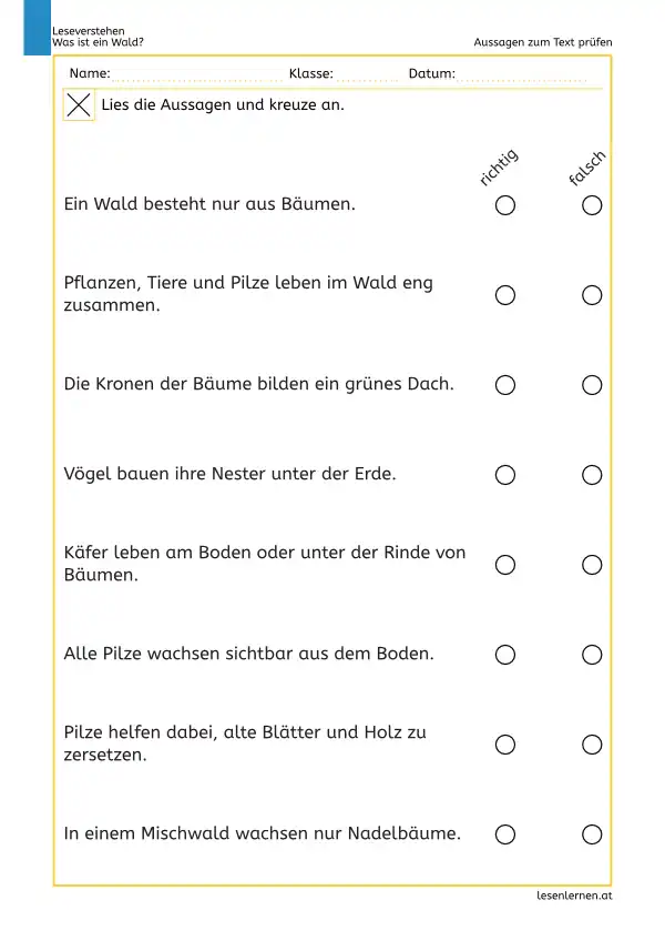 Arbeitsblatt „Was ist ein Wald?“ mit Aussagen zum Ankreuzen für die 3. Klasse