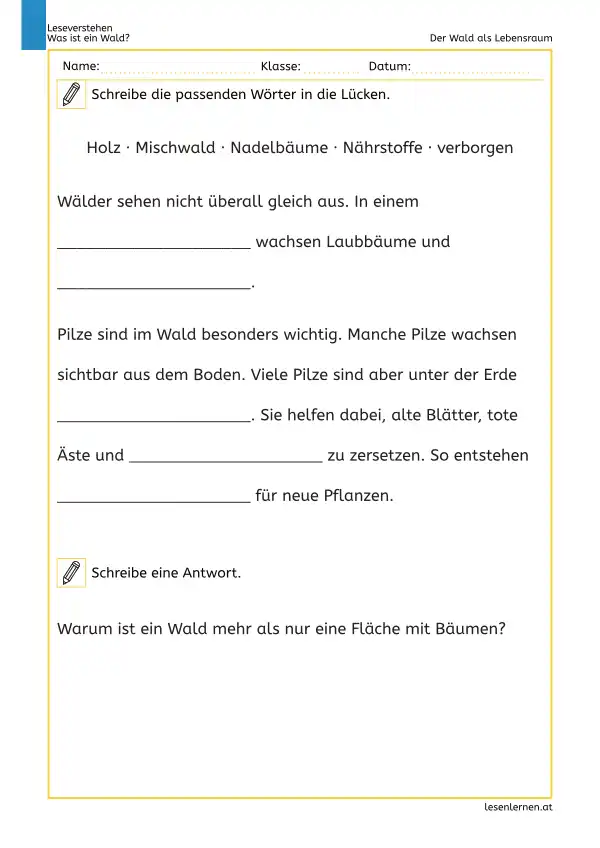 Arbeitsblatt „Der Wald als Lebensraum“ mit Lückentext und Verständnisfrage für die 3. Klasse