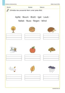 Arbeitsblatt mit neun Herbstbildern zum Beschriften mithilfe einer Wortliste