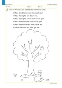 Herbstbild nach Anweisungen gestalten – Arbeitsblatt für die 1. Klasse