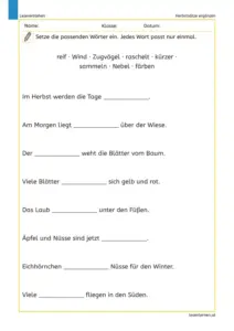 Herbstsätze ergänzen – Arbeitsblatt für die 2. Klasse