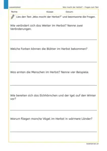 Was macht der Herbst? – Fragen zum Text für die 2. Klasse