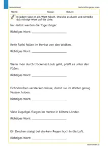 Herbstsätze genau lesen – Arbeitsblatt für die 3. Klasse