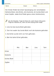 Herbst-Logical mit Herbstschätzen – Arbeitsblatt für die 3. Klasse