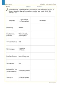 Herbstfest – Informationen finden im Arbeitsblatt für die 4. Klasse