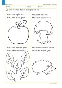 Herbstsätze lesen und malen – Arbeitsblatt für die 1. Klasse
