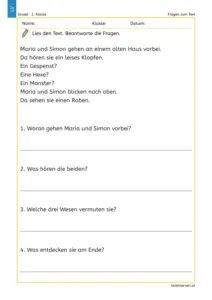Vorschau eines Arbeitsblatts mit einer kurzen Geschichte über Maria und Simon und vier Fragen mit Schreibzeilen.