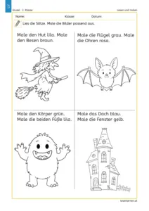 Vorschau des Arbeitsblatts „Lesen und malen“ mit Hexe, Fledermaus, Monster und Haus zum Ausmalen.