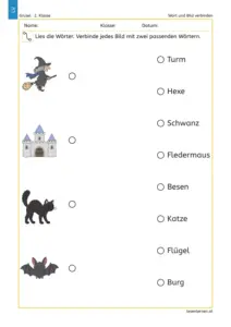 Arbeitsblatt „Wort und Bild verbinden“ mit Gruselbildern und passenden Wörtern für die 2. Klasse.