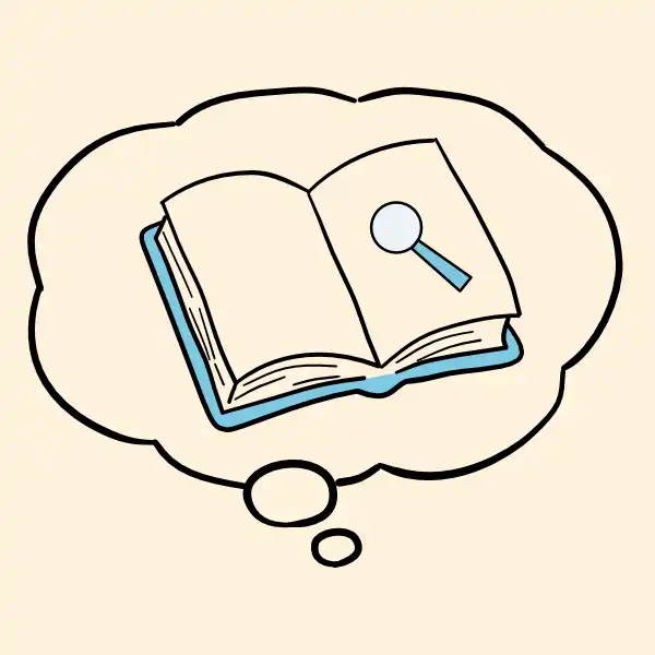 Offenes Buch mit Lupe in einer Gedankenblase als Symbol für Lesestrategien
